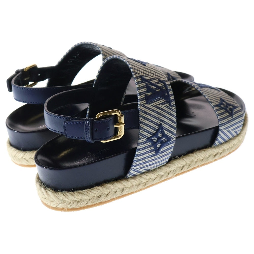 LOUIS VUITTON(ルイヴィトン) セイルアウェイ マリーヌ モノグラム キャンバス レザー エスパドリーユ ストラップ フラット サンダル シューズ ネイビー レディース