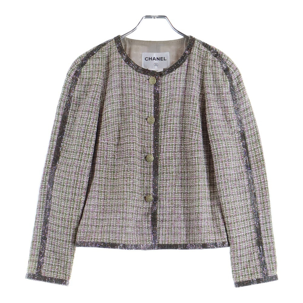 CHANEL(シャネル) ココマークボタン ラインストーン ツイード ノーカラー ジャケット パープル/グリーン レディース P40905V29598