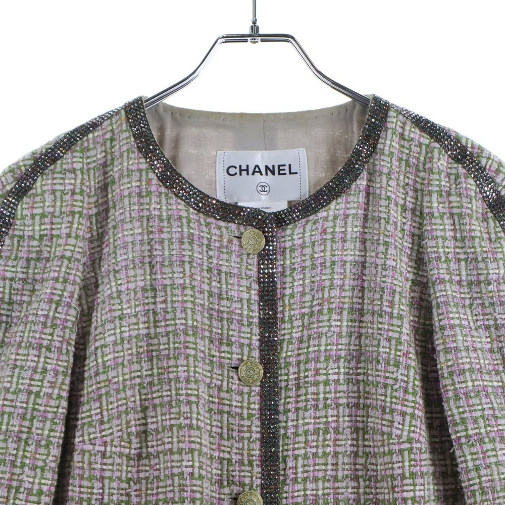 CHANEL(シャネル) ココマークボタン ラインストーン ツイード ノーカラー ジャケット パープル/グリーン レディース P40905V29598