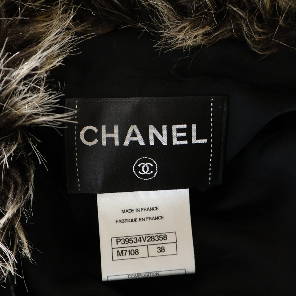 CHANEL(シャネル) ココマークボタン シルク混 モヘアツイード スパンコール装飾 ファー ジップアップジャケット ブラック/レッド レディース P39534V28358