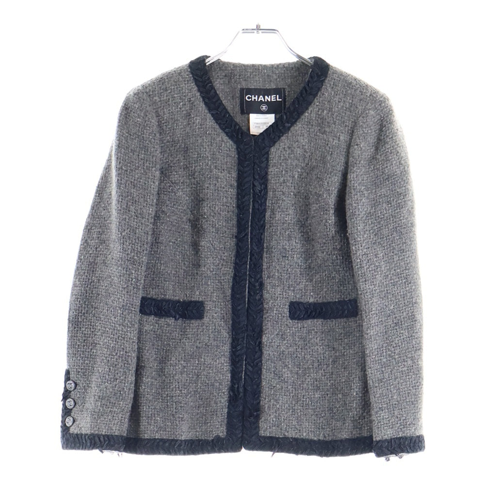 CHANEL(シャネル) ココマークボタン アルパカ カシミヤ ツイード バイカラー ノーカラージャケット グレー/ブラック レディース P39053V22034