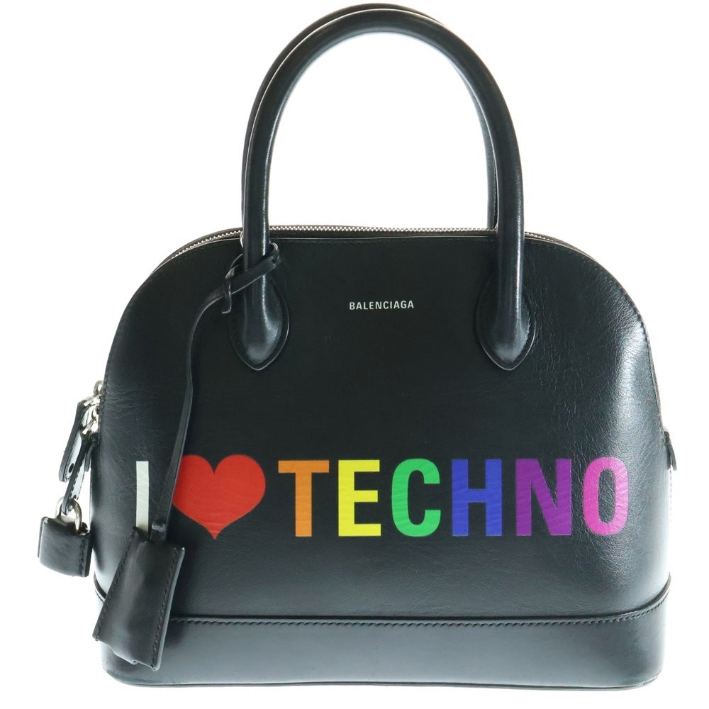 BALENCIAGA(バレンシアガ) ヴィル トップハンドルS I LOVE TECHNO アイラブテクノ ロゴプリント レザー 2WAY ハンド ショルダーバッグ シルバー金具 ブラック 550645