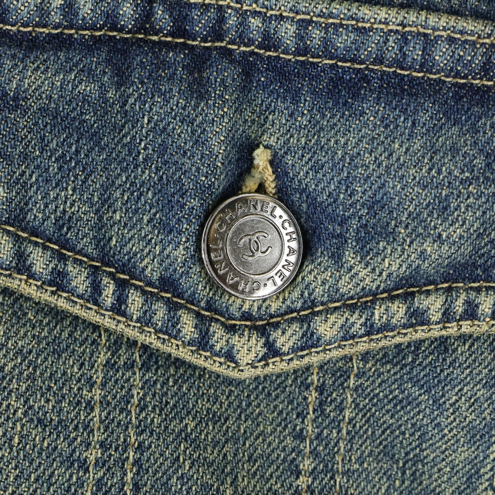 CHANEL(シャネル) 00AW ココマークボタン レザー切り替え ジップアップ デニム トラッカージャケット インディゴ/ブラウン レディース P16489W02683