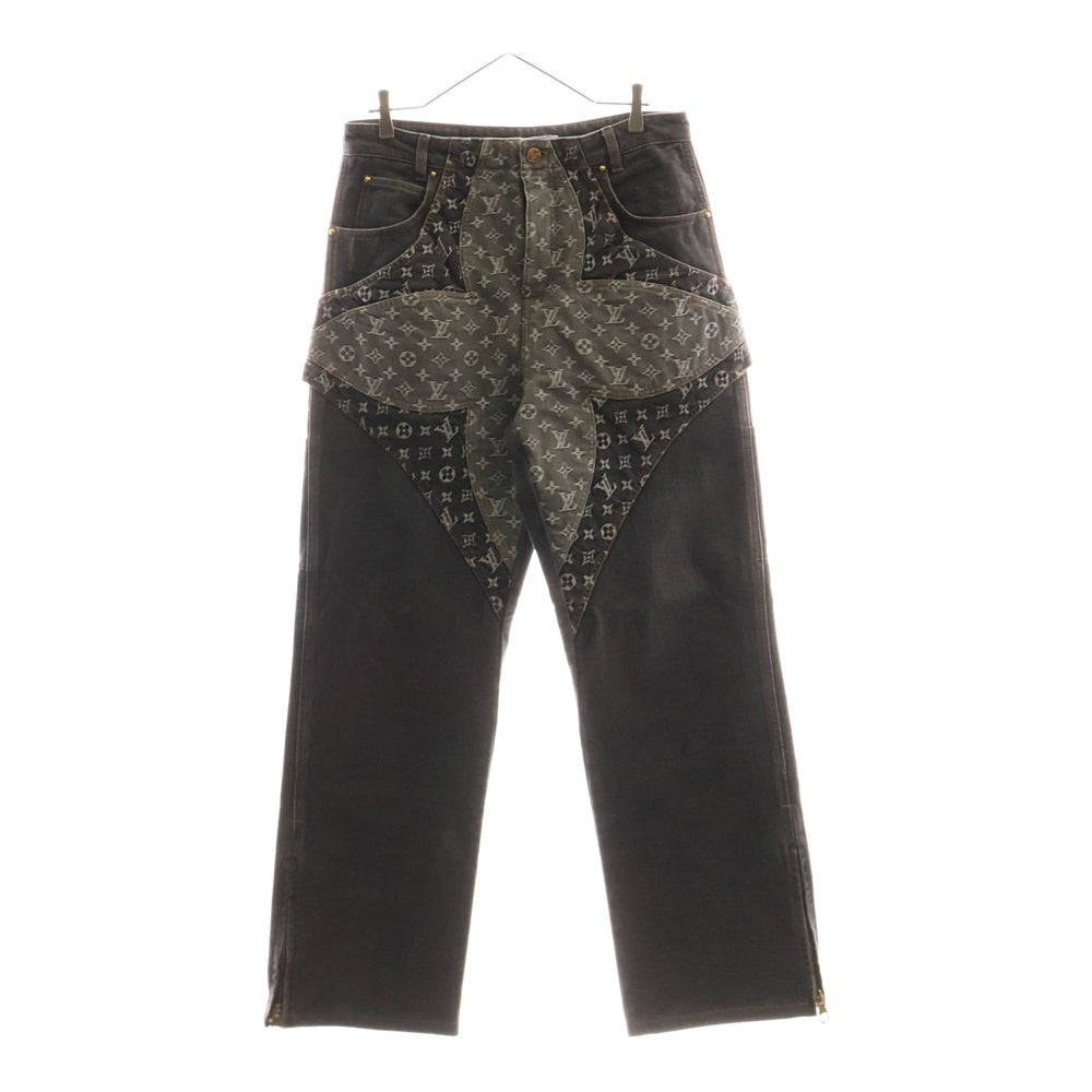 LOUIS VUITTON(ルイヴィトン) 23AW モノグラムフラワー 切り替え レザーロゴパッチ 裾ジップ ワイドストレートデニムパンツ ジーンズ グレー RM232 Y92 HPD92W