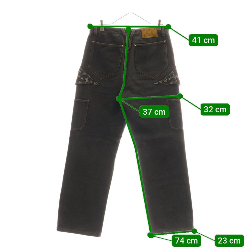 LOUIS VUITTON(ルイヴィトン) 23AW モノグラムフラワー 切り替え レザーロゴパッチ 裾ジップ ワイドストレートデニムパンツ ジーンズ グレー RM232 Y92 HPD92W