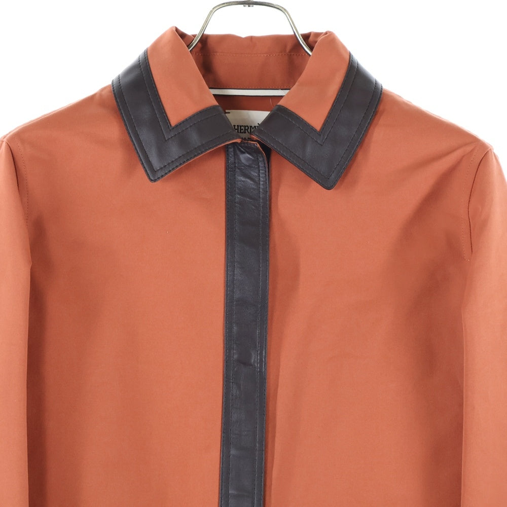 HERMES(エルメス) 22SS ラムスキン レザー トリム コットン スナップボタン ステンカラー ロング コート オレンジ/ブラウン レディース 2E0150DX