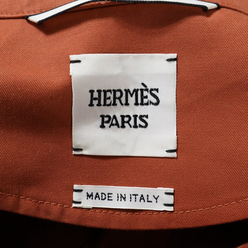 HERMES(エルメス) 22SS ラムスキン レザー トリム コットン スナップボタン ステンカラー ロング コート オレンジ/ブラウン レディース 2E0150DX