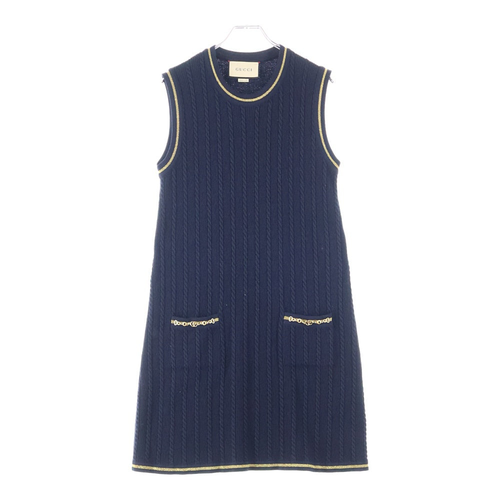 GUCCI(グッチ) GGチェーン 装飾 ウールニット クルーネック ノースリーブ ミディアムワンピース ゴールド金具 ネイビー レディース 658350