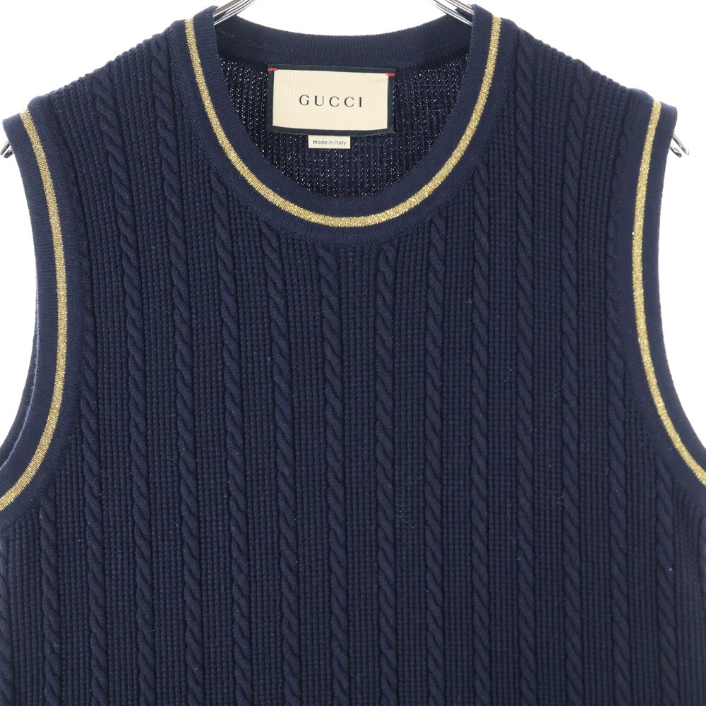 GUCCI(グッチ) GGチェーン 装飾 ウールニット クルーネック ノースリーブ ミディアムワンピース ゴールド金具 ネイビー レディース 658350