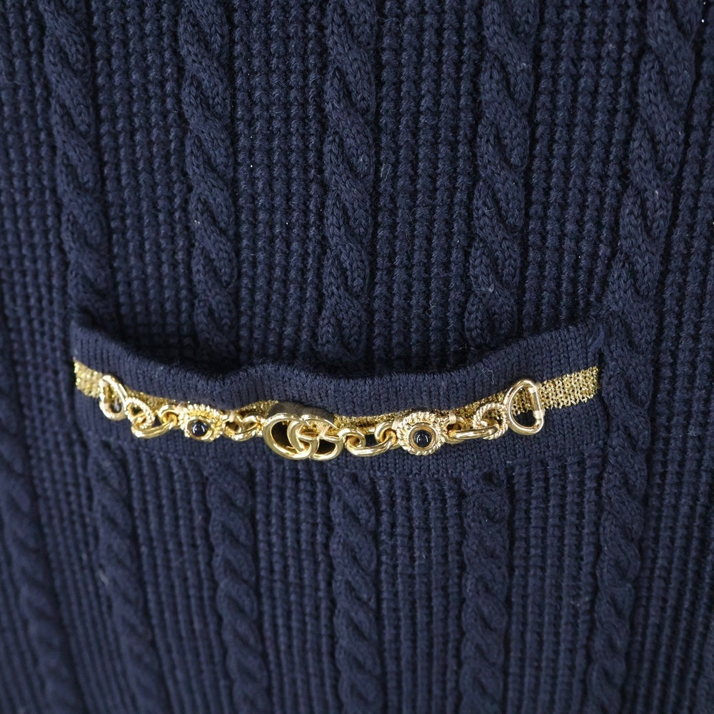GUCCI(グッチ) GGチェーン 装飾 ウールニット クルーネック ノースリーブ ミディアムワンピース ゴールド金具 ネイビー レディース 658350