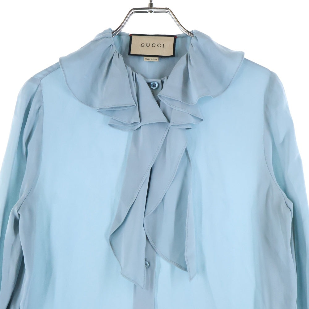 GUCCI(グッチ) BEE 袖口 アップリケ 刺繍 シルク フリル 長袖シャツ ブラウス ライトブルー レディース 662332