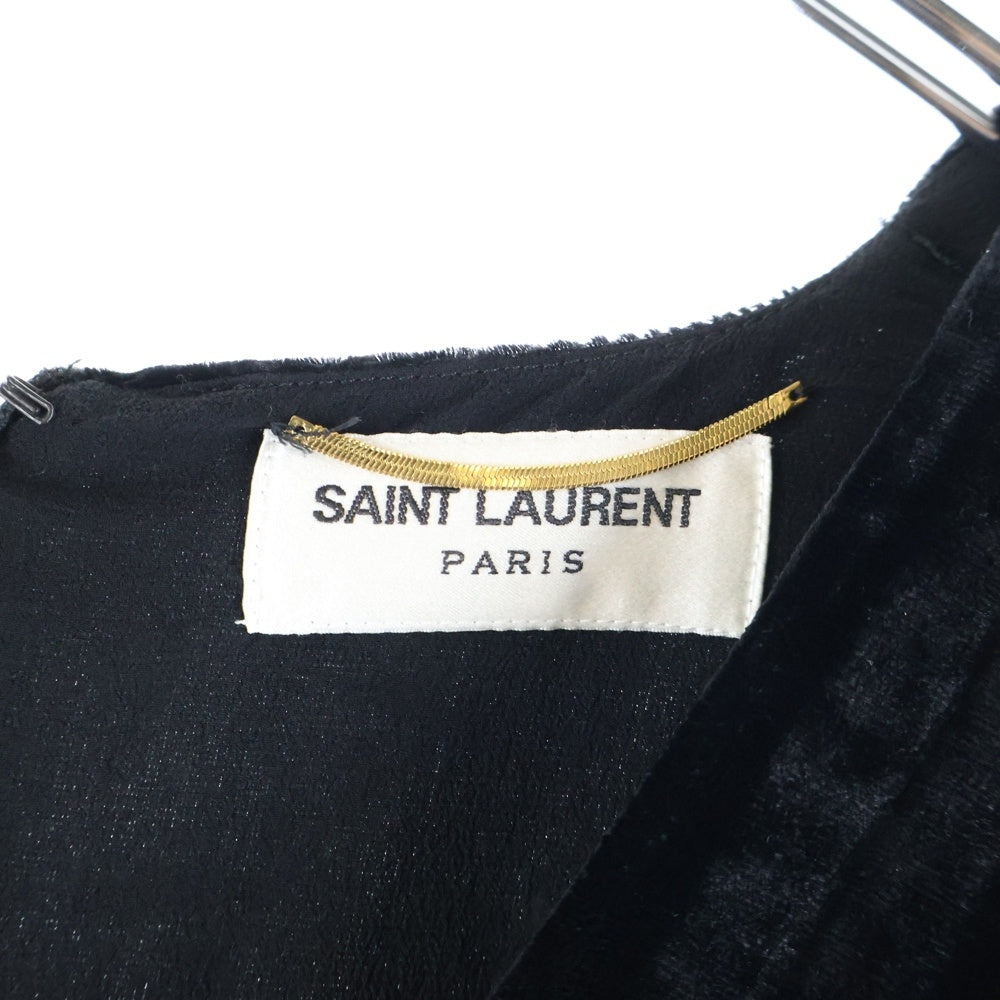 SAINT LAURENT PARIS(サンローランパリ) Vネック ベロア ベルベット ギャザー 長袖 ミニワンピース ドレス ブラック レディース 682087