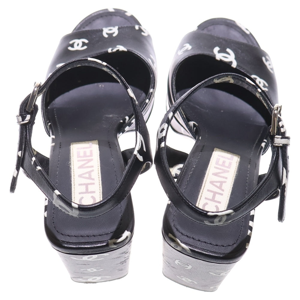 CHANEL(シャネル) ココマーク 総柄プリント レザー ヒール ストラップ サンダル シューズ ブラック レディース G38958