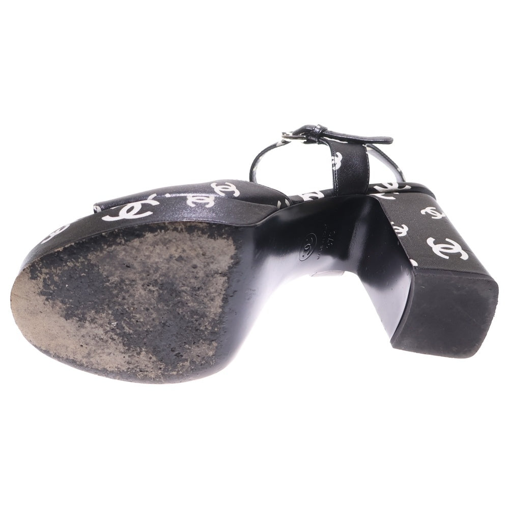 CHANEL(シャネル) ココマーク 総柄プリント レザー ヒール ストラップ サンダル シューズ ブラック レディース G38958