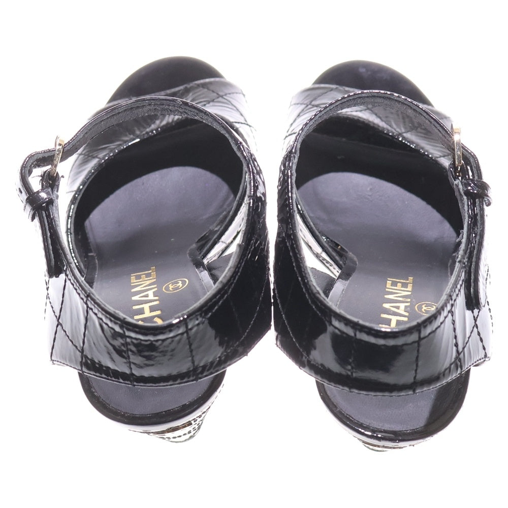 CHANEL(シャネル) マトラッセ ココマーク ロゴプレート パテントレザー ウェッジソール ヒール ストラップ サンダル シューズ ブラック レディース
