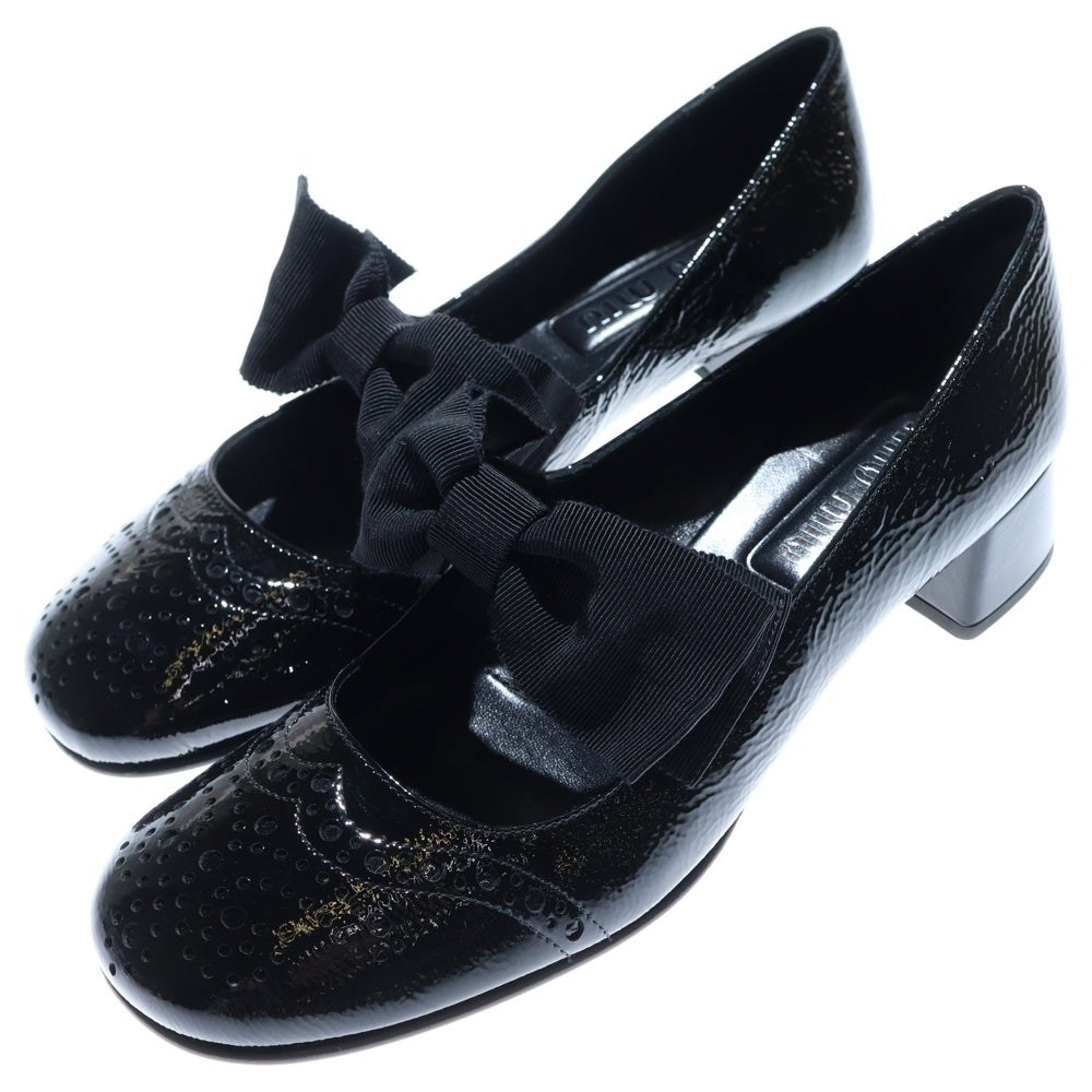 miumiu(ミュウミュウ) パテントレザー リボンモチーフヒールパンプス ブラック