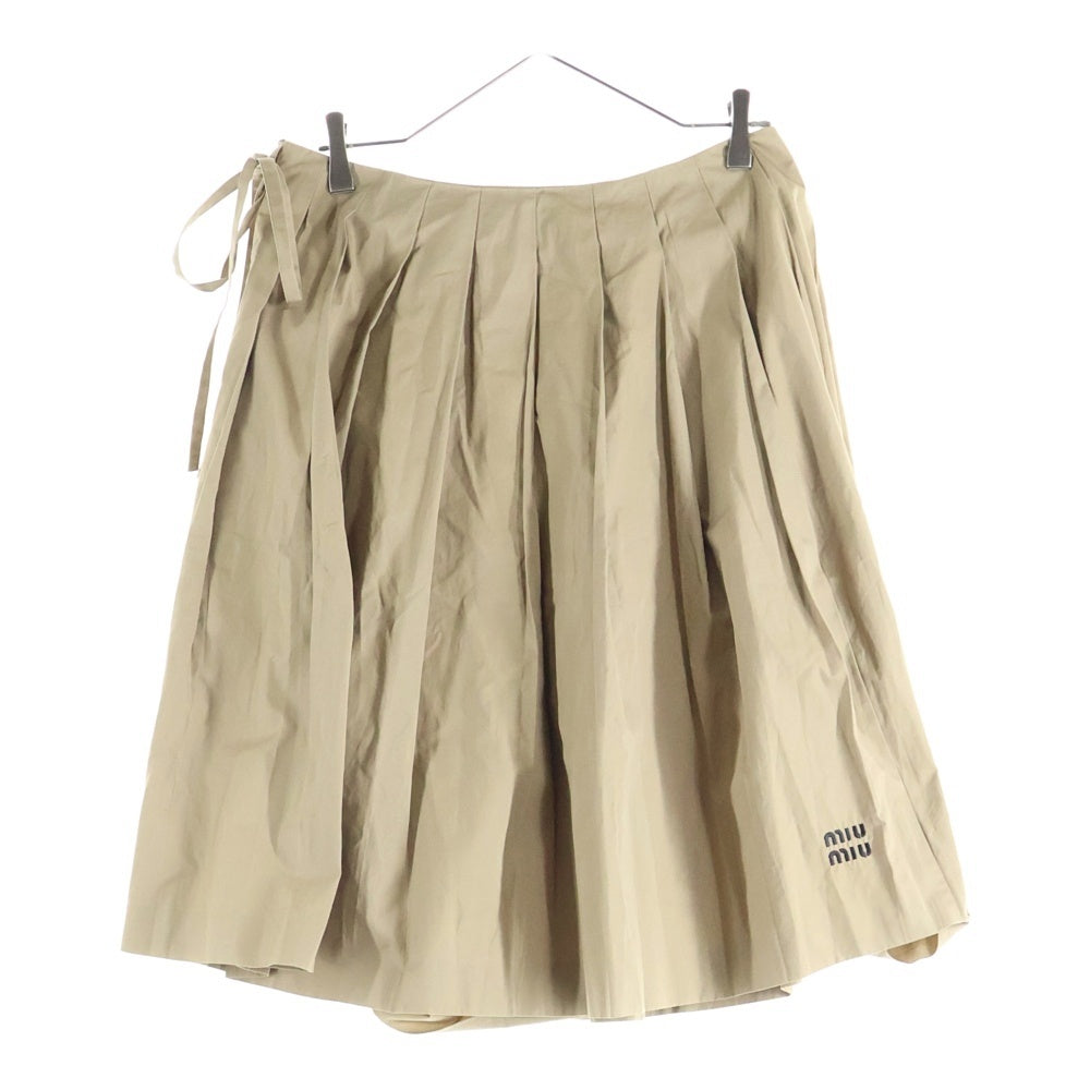 miumiu(ミュウミュウ) サイドファスナー ロゴ刺繍プリーツスカート ベージュ