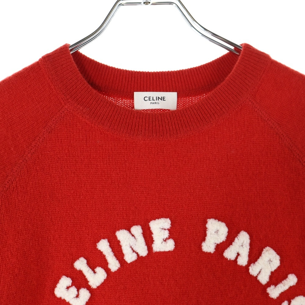 CELINE(セリーヌ) エディ期 ロゴ ナンバリング ボア 刺繍 カシミヤ混 ウール クルーネック プルオーバー ニット セーター レッド 2A69P402P