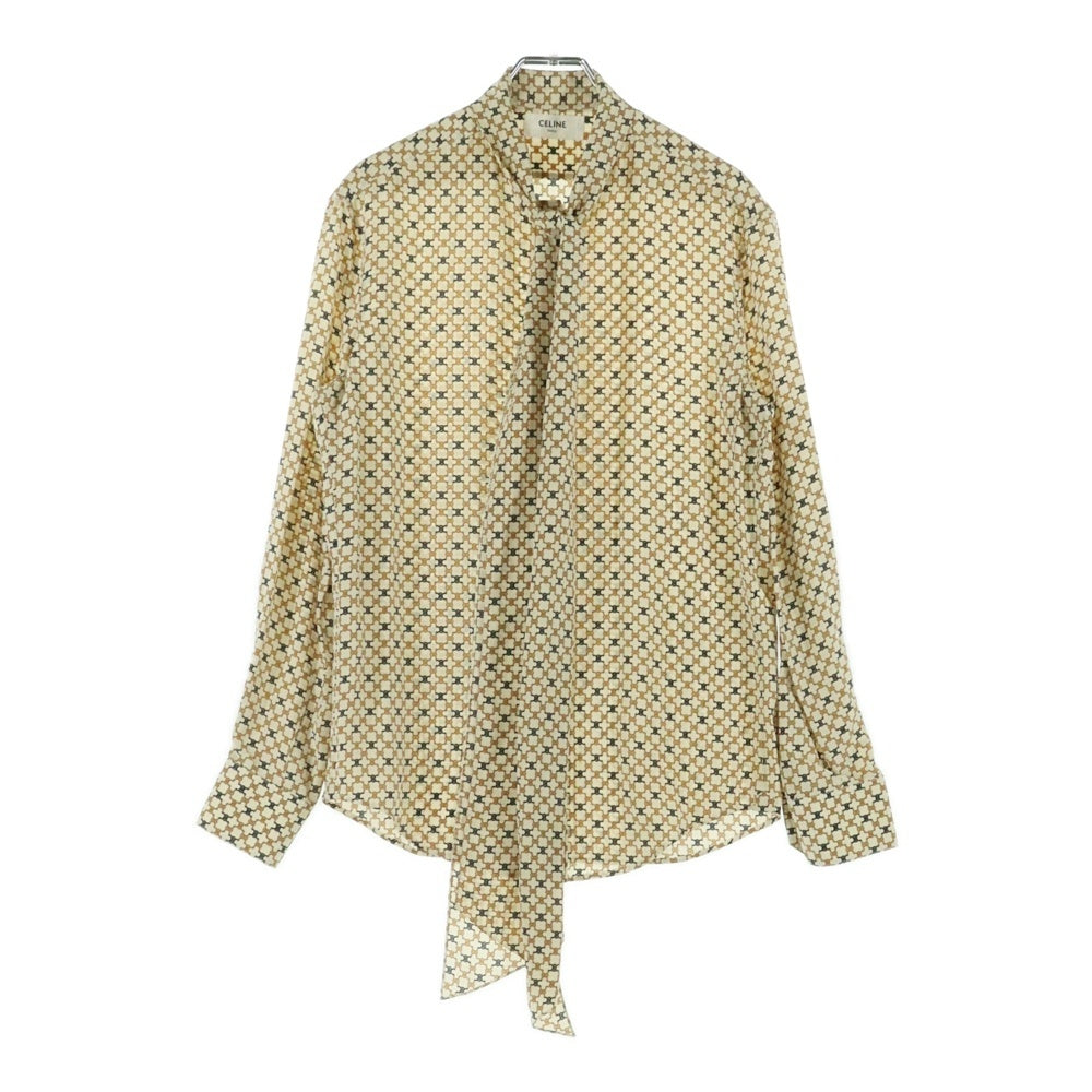 CELINE(セリーヌ) トリオンフ総柄プリント シルク ボーカラー ロングスリーブ シャツ ブラウス ベージュ レディース 2C204763L
