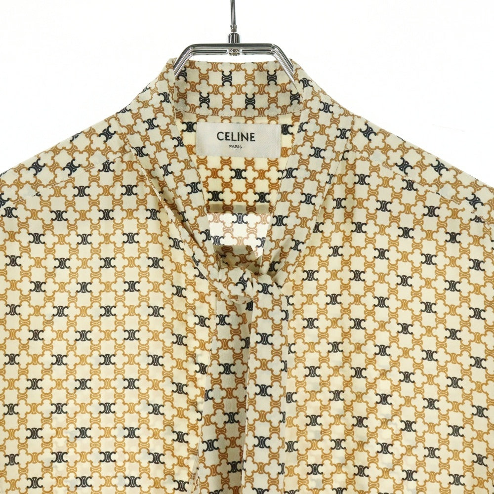 CELINE(セリーヌ) トリオンフ総柄プリント シルク ボーカラー ロングスリーブ シャツ ブラウス ベージュ レディース 2C204763L