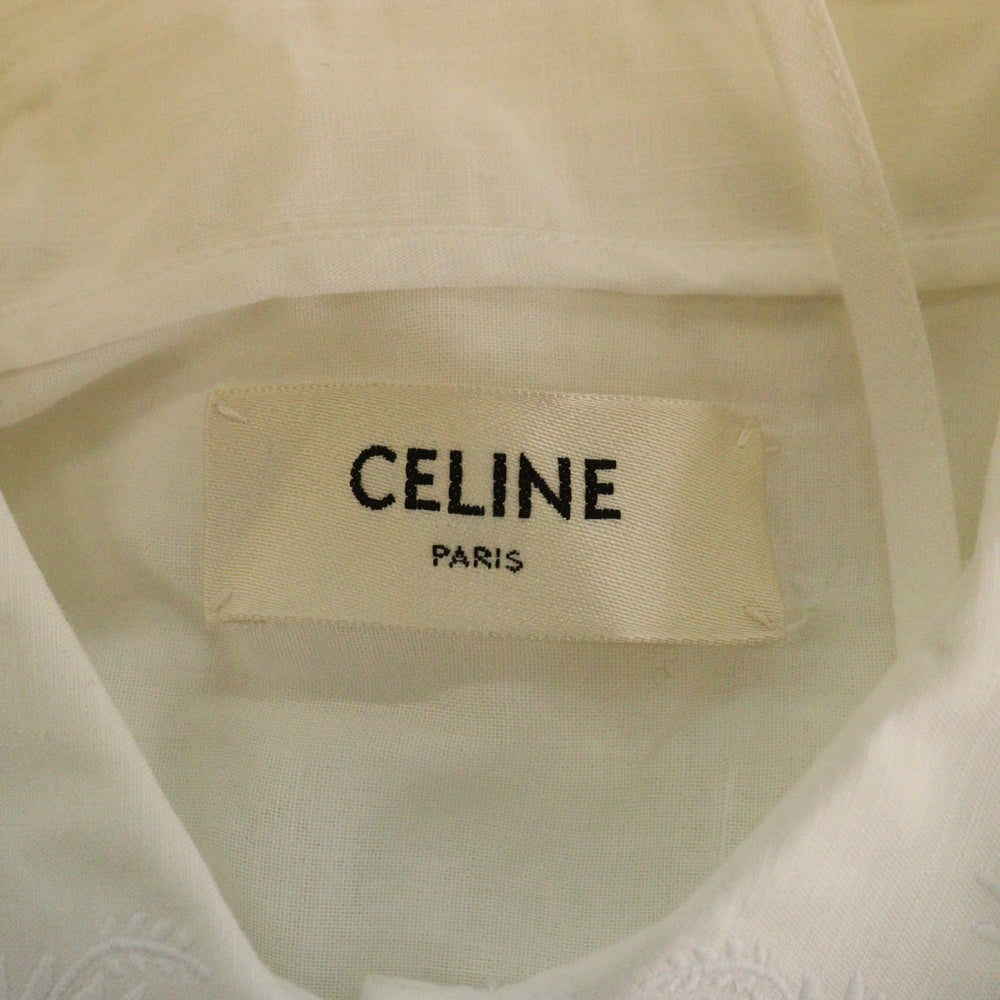 CELINE(セリーヌ) トリオンフ ボタン コットン レース刺繍 パフスリーブ 半袖 シャツ ブラウス ホワイト レディース 2B499122I