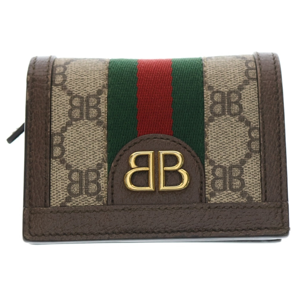 GUCCI(グッチ) ×バレンシアガ ザハッカープロジェクト GGスプリーム シェリーライン 二つ折りコンパクトウォレット 財布 ブラウン×ベージュ レザー×PVC 680385 ゴールド金具