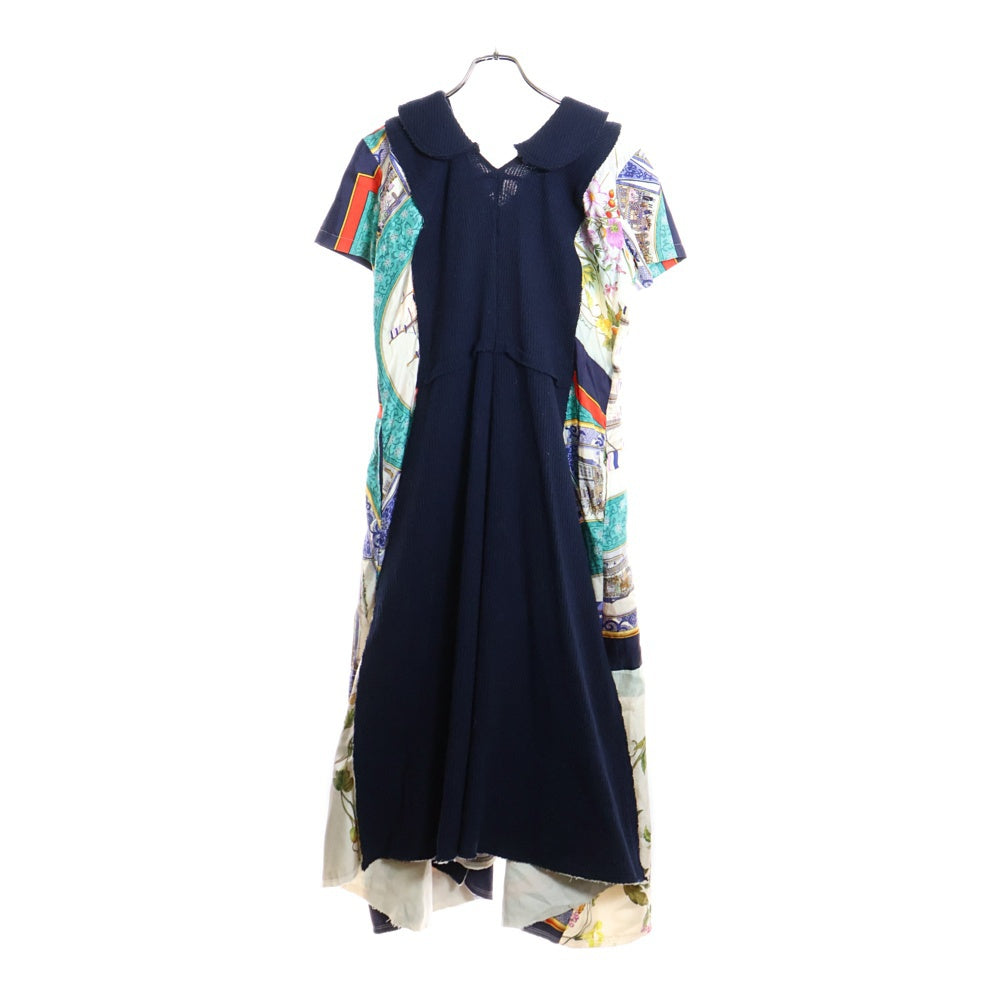 COMME des GARCONS(コムデギャルソン) 14AW AD2014 シルクスカーフ切り替え ウールニット 丸襟 半袖ロング フレア ワンピース ネイビー レディース GN-O040