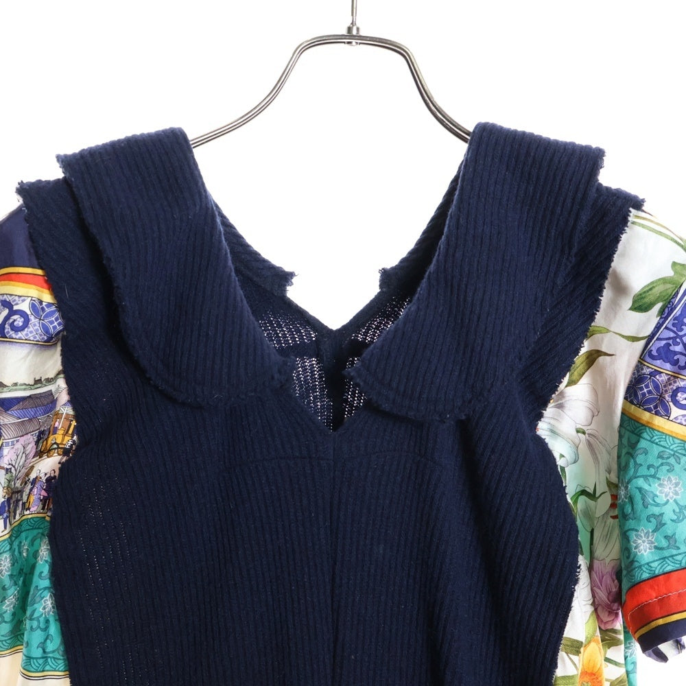 COMME des GARCONS(コムデギャルソン) 14AW AD2014 シルクスカーフ切り替え ウールニット 丸襟 半袖ロング フレア ワンピース ネイビー レディース GN-O040