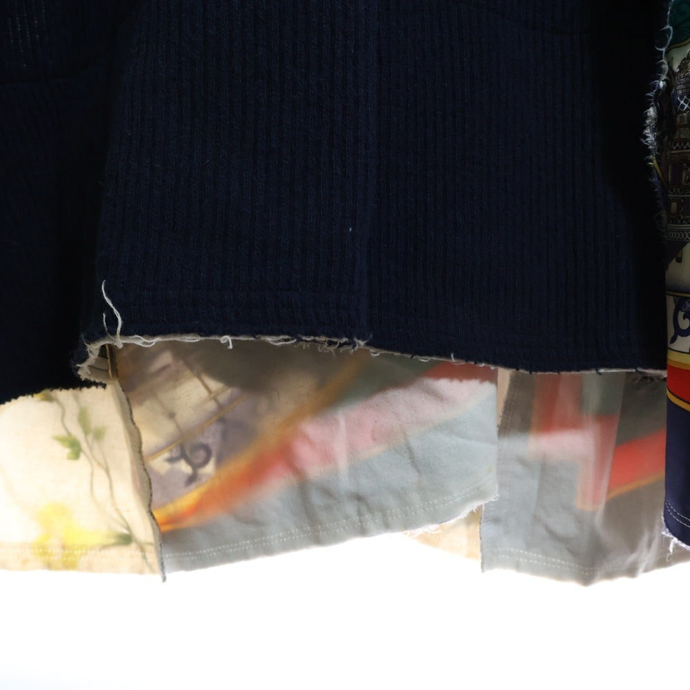 COMME des GARCONS(コムデギャルソン) 14AW AD2014 シルクスカーフ切り替え ウールニット 丸襟 半袖ロング フレア ワンピース ネイビー レディース GN-O040