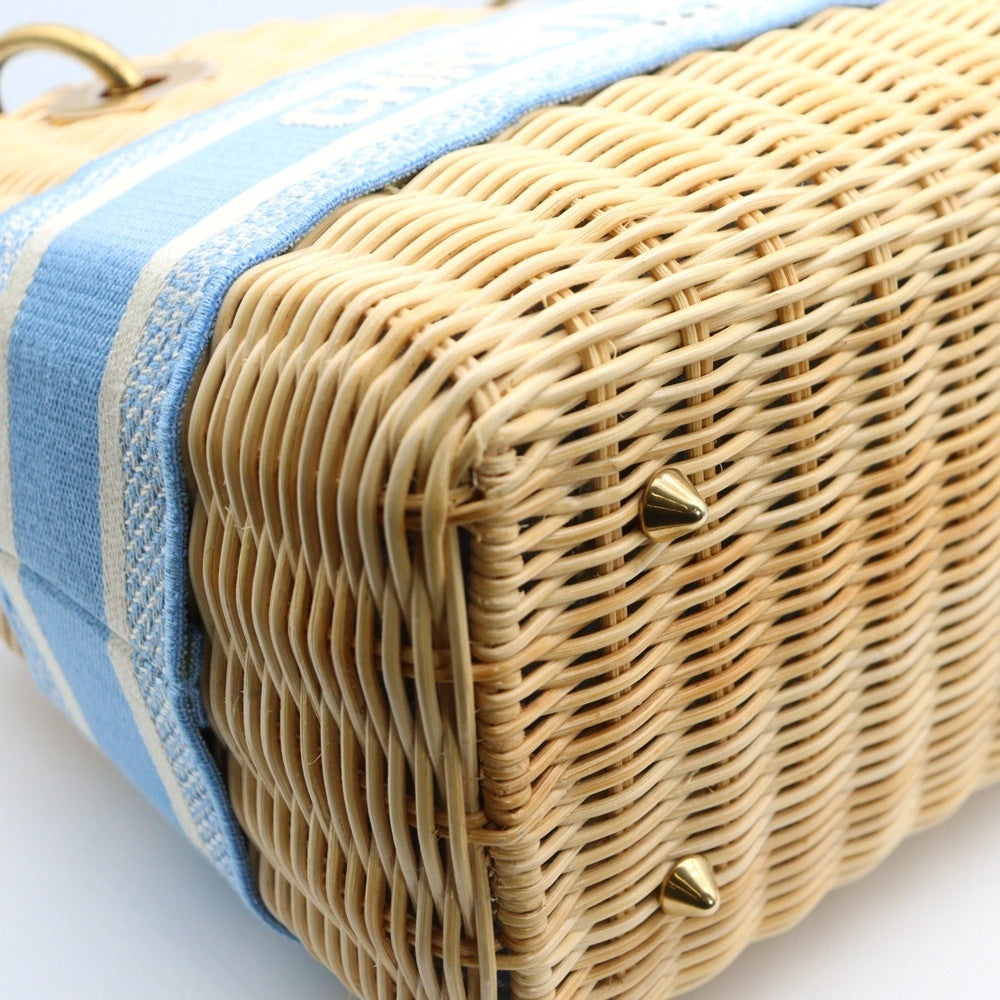 Christian Dior(クリスチャンディオール) レディディオール ミディアム ウィッカー ハンドバッグ ショルダーバッグ カゴバッグ ライトブルー×ベージュ ラタン×レザー×キャンバス ゴールド金具