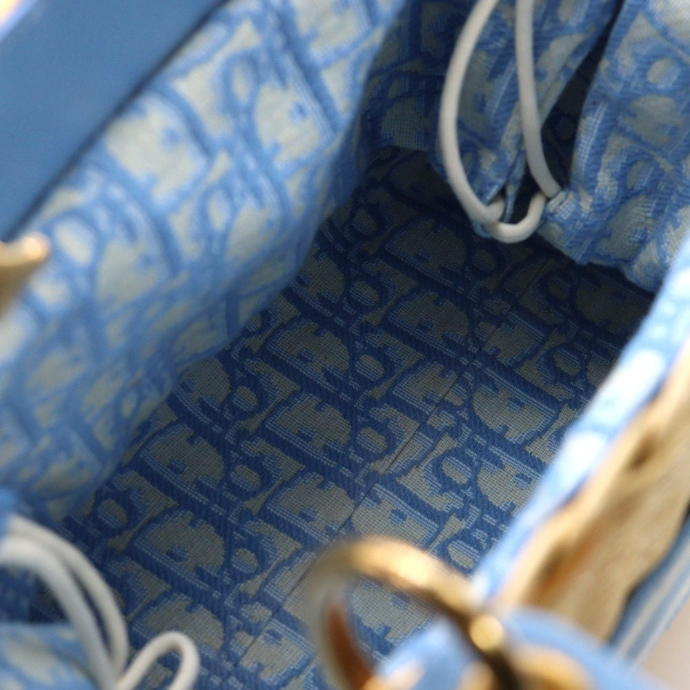 Christian Dior(クリスチャンディオール) レディディオール ミディアム ウィッカー ハンドバッグ ショルダーバッグ カゴバッグ ライトブルー×ベージュ ラタン×レザー×キャンバス ゴールド金具