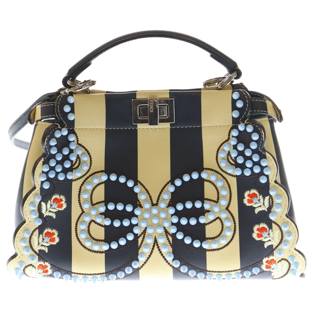 FENDI(フェンディ) ピーカブーミニ 2WAY フラワー刺繍 スタッズレザーハンドバッグ ショルダーバッグ ブラック/ベージュ/ライトブルー SV金具 8BN244