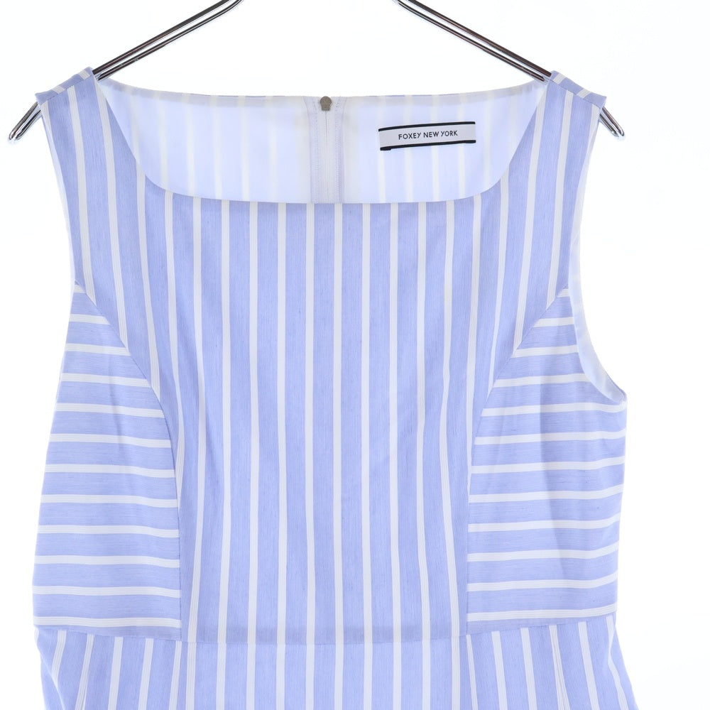 FOXEY(フォクシー) ルシェルドレス ストライプ総柄 コットン ノースリーブ ミディアム フレア ワンピース ライトブルー/ホワイト レディース 42836-NA000601SI