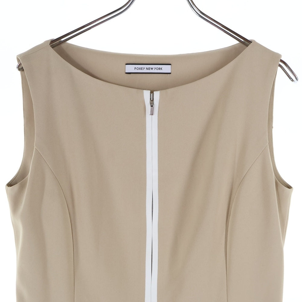 FOXEY(フォクシー) ジップアップ バイカラー ノースリーブ ミディアム フレア ワンピース ベージュ/ホワイト レディース 41976-NA00F619PR