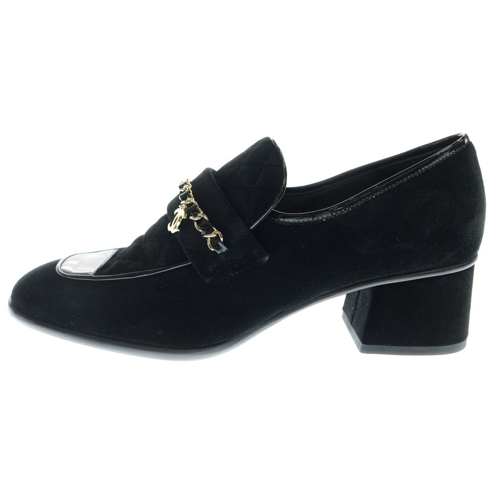 CHANEL(シャネル) ココマーク ロゴプレート ベロア ベルベット キルティング パテントレザー チェーン ローカットシューズ パンプス ローファー ゴールド金具 レディース G34913