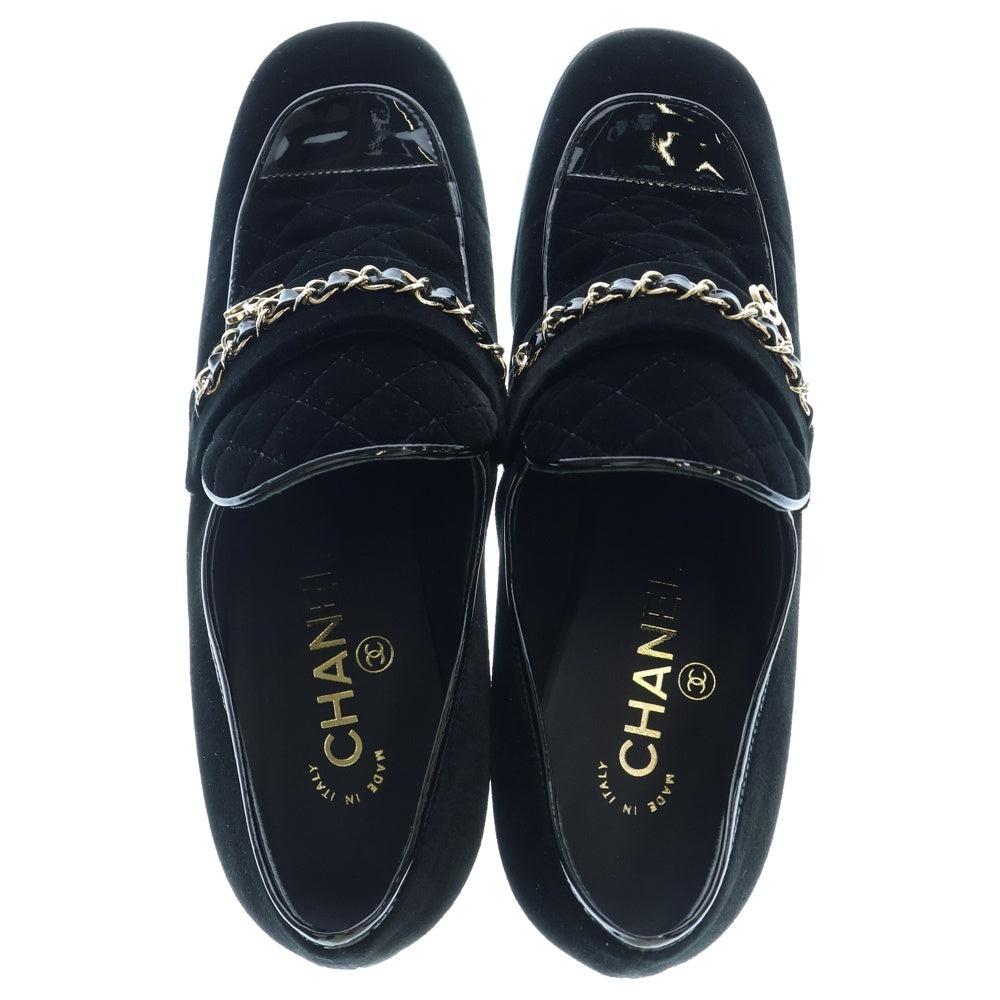 CHANEL(シャネル) ココマーク ロゴプレート ベロア ベルベット キルティング パテントレザー チェーン ローカットシューズ パンプス ローファー ゴールド金具 レディース G34913