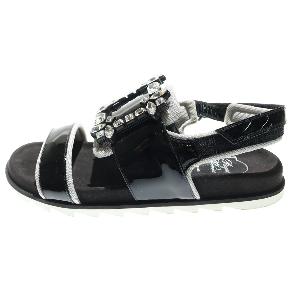 Roger Vivier(ロジェヴィヴィエ) ビジュー装飾 スクエアバックル パテントレザー ストラップ フラットサンダル ブラック レディース