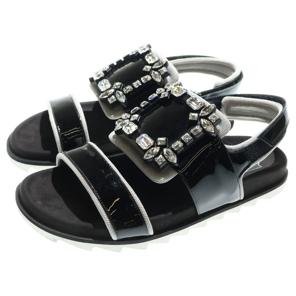 Roger Vivier(ロジェヴィヴィエ) ビジュー装飾 スクエアバックル パテントレザー ストラップ フラットサンダル ブラック レディース