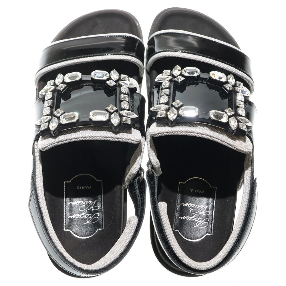 Roger Vivier(ロジェヴィヴィエ) ビジュー装飾 スクエアバックル パテントレザー ストラップ フラットサンダル ブラック レディース