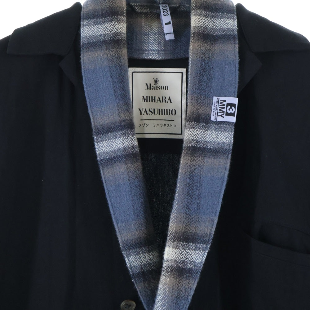 MAISON MIHARAYASUHIRO(メゾンミハラヤスヒロ) 25SS シャツドッキング ショールカラー フランネル チェック柄 ガウン ロング コート ブラック/ブルー A10SH077