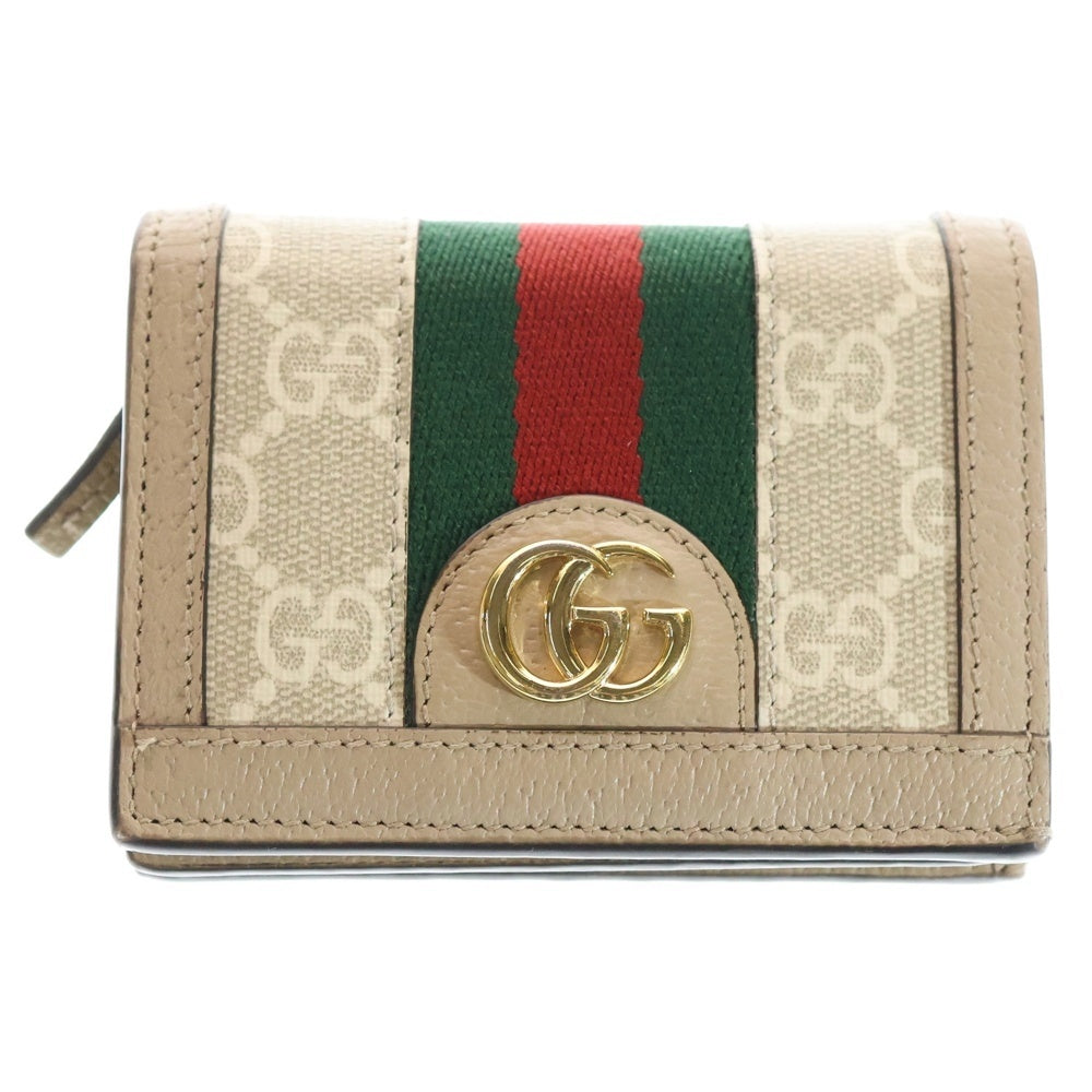 GUCCI(グッチ) オフディア GGスプリーム コンパクトウォレット 三つ折り財布 PVC×レザー ホワイト×ベージュ 523155 ゴールド金具