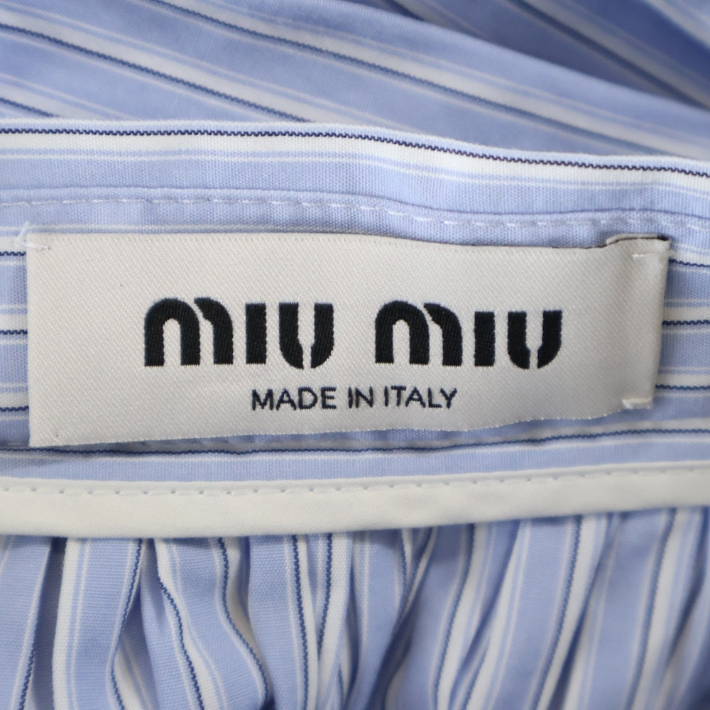 miumiu(ミュウミュウ) 22SS ストライプ総柄 ロゴ刺繍 ゴールドボタン ミディアム フレア スカート ライトブルー レディース MG1817