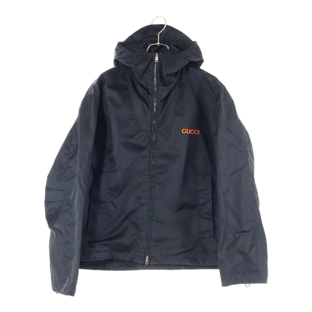 GUCCI(グッチ) 25SS レザー ワッペンロゴ ナイロンツイル レイヤード フーデッド ジップアップ ジャケット ブラック/オレンジ 804964