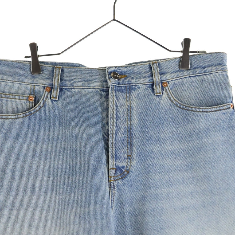 GUCCI(グッチ) コントラストパネル パテントレザーパッチ ユーズド加工 ストレートデニムパンツ ジーンズ インディゴ 835163