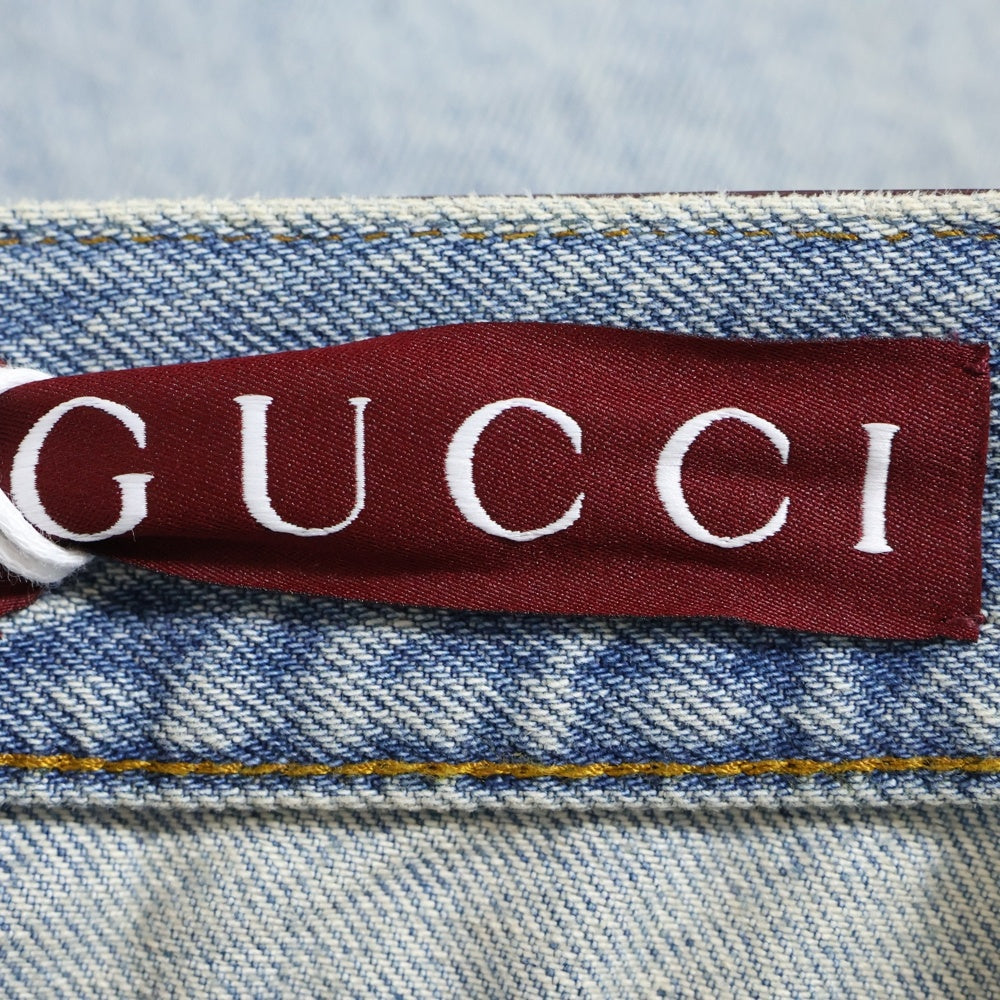 GUCCI(グッチ) コントラストパネル パテントレザーパッチ ユーズド加工 ストレートデニムパンツ ジーンズ インディゴ 835163