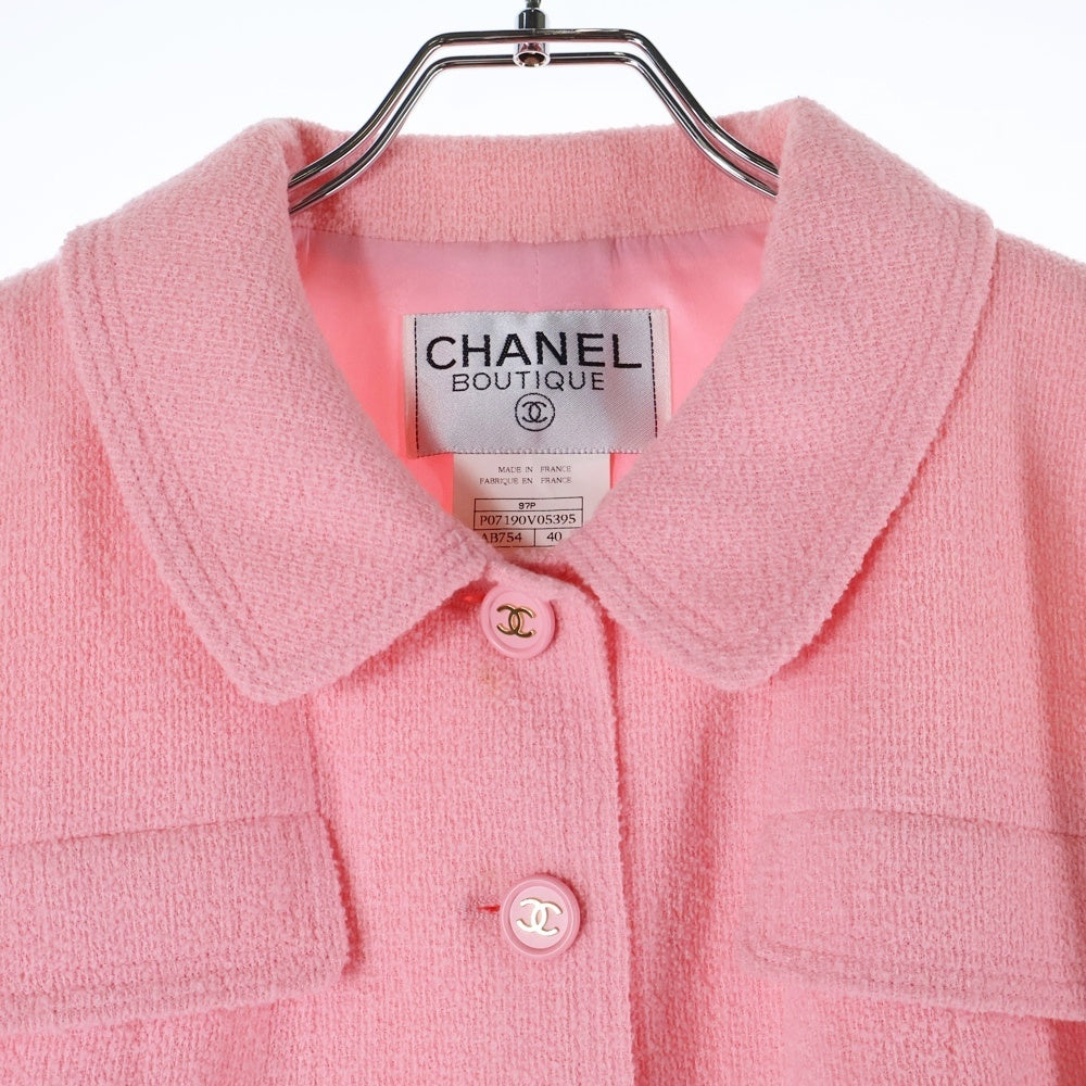 CHANEL(シャネル) 97P スプリングコレクション セットアップ ココマークボタン ウール ツイード 7B ステンカラー ジャケット タイト ミニスカート ピンク レディース P07190V05395