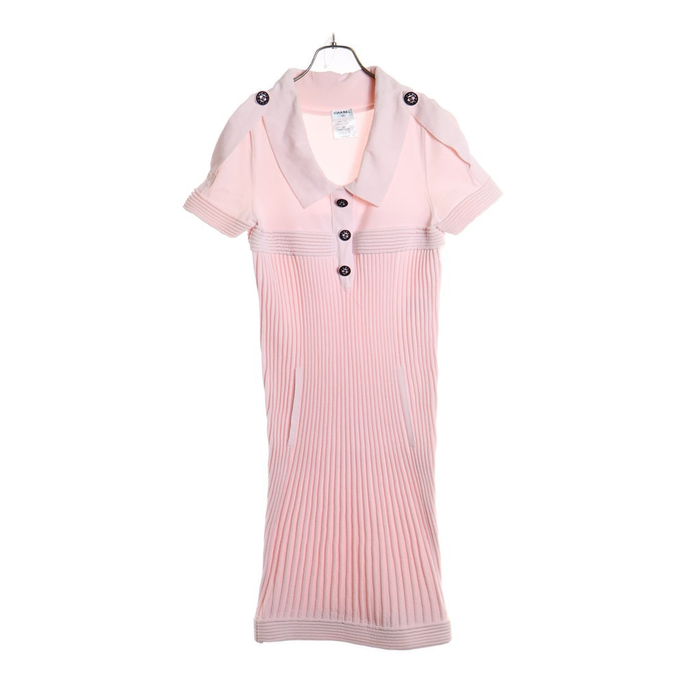 CHANEL(シャネル) 09P スプリングコレクション ココマーク ラインストーンボタン コットンニット 半袖 ミディアムワンピース ドレス ピンク レディース P35662K02101