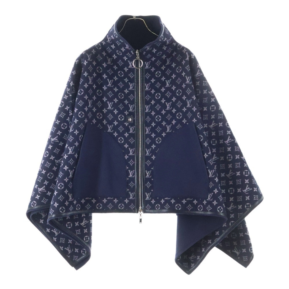 LOUIS VUITTON(ルイヴィトン) リバーシブル モノグラム総柄 ジャガード シルク混 ウール ジップアップ ポンチョ ケープ ネイビー レディース FFC005QWE 661N