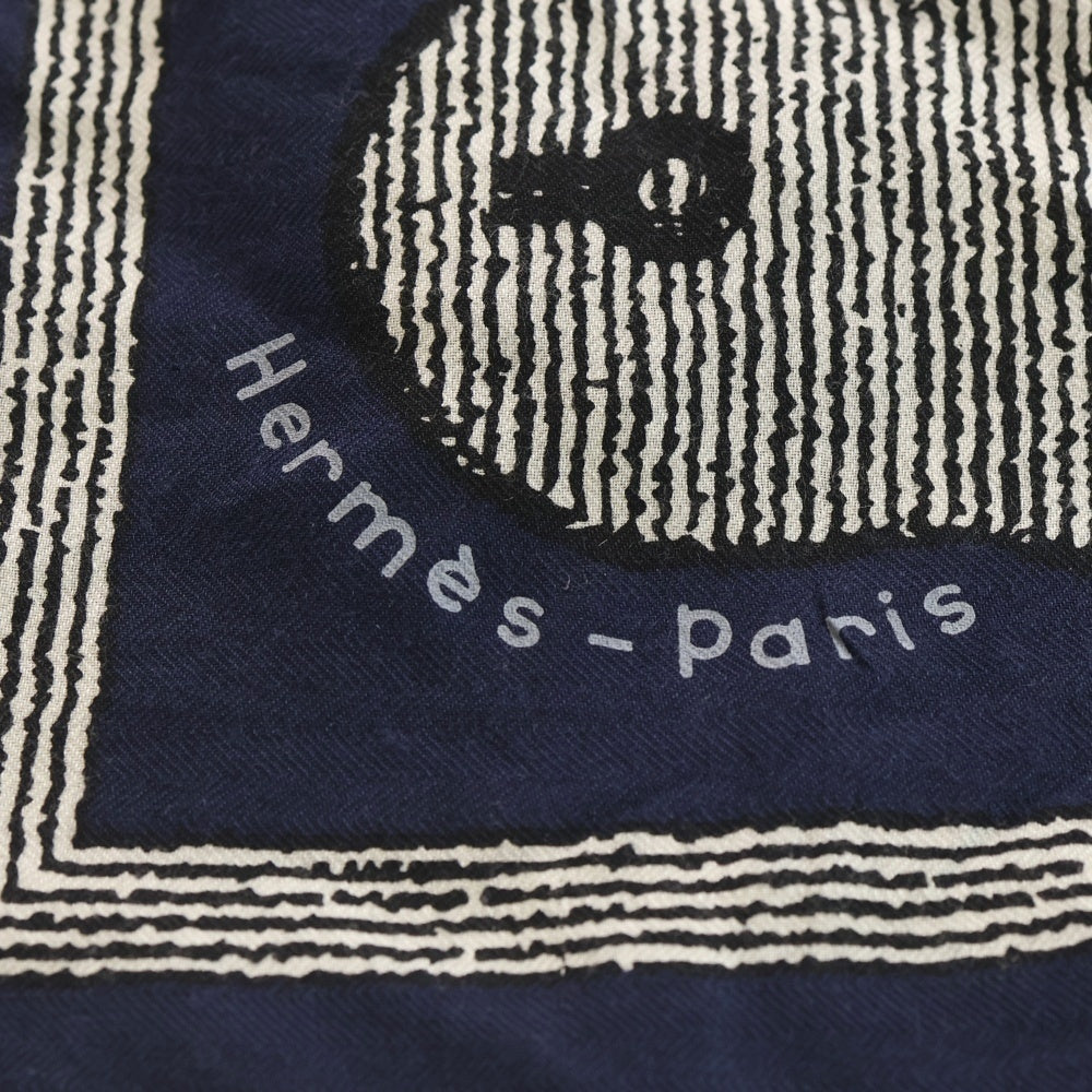 HERMES(エルメス) カレジェアン カレ140 Inventaire Poetique pour un Conte Sellier ネイビー カシミヤシルク 大判スカーフ レディース