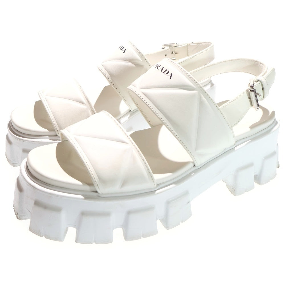 PRADA(プラダ) モノリス カーフスキン レザー ロゴプリント チャンキーソール 厚底 ストラップサンダル シューズ ホワイト レディース 1X040N